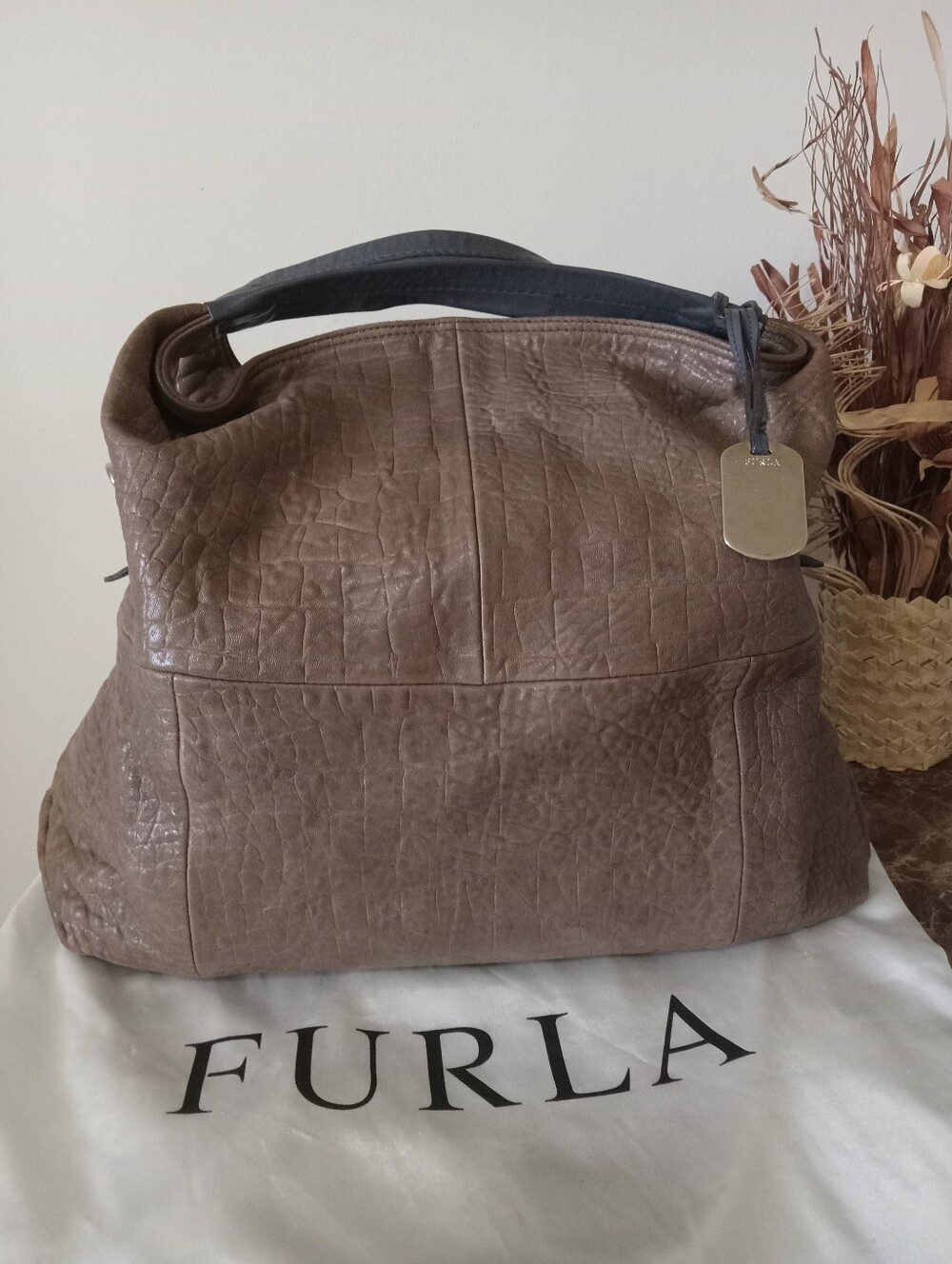 Furla Brown Textured Leather Shoulder Bag with Grey Handle EUC